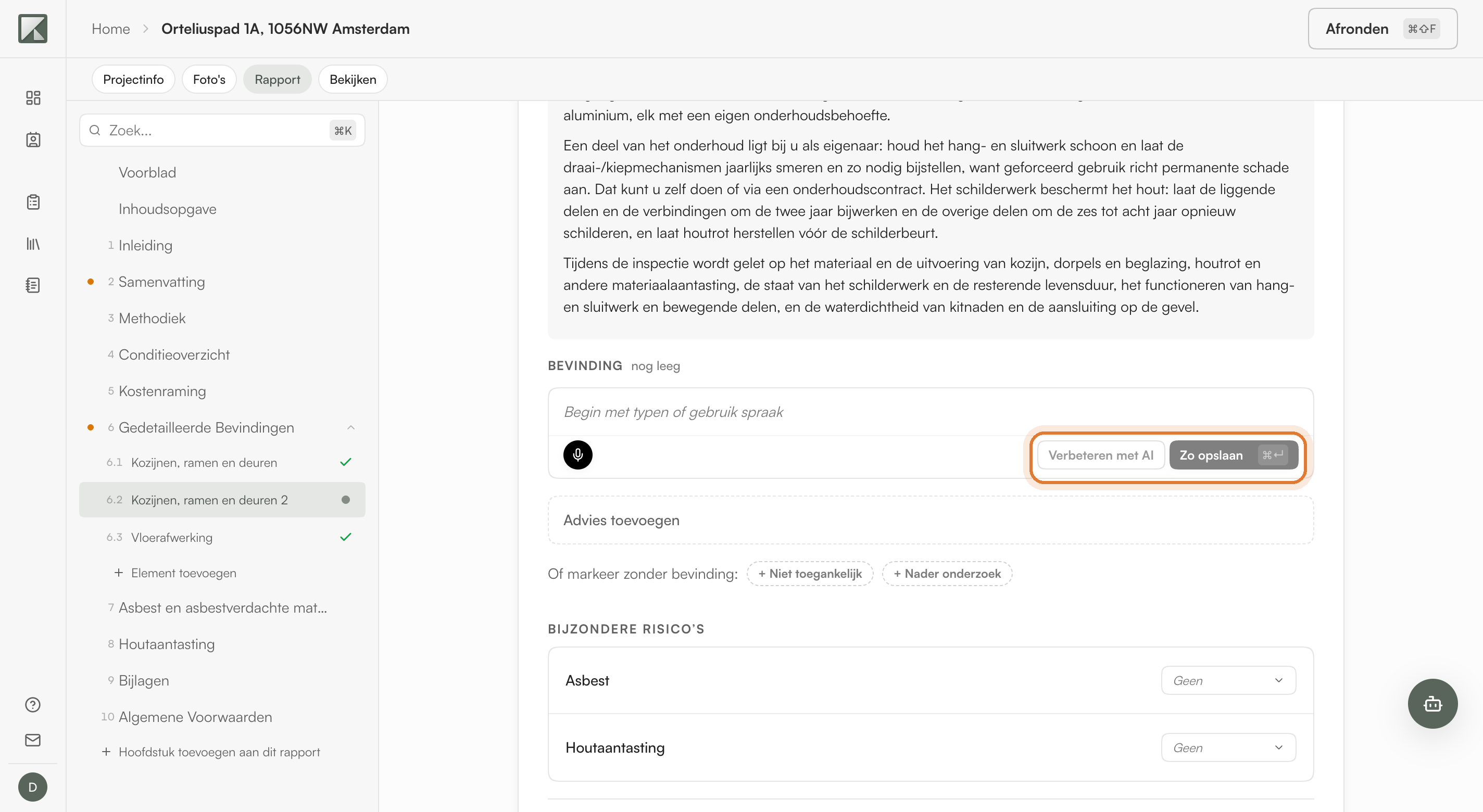 An empty element with the Bevinding field, the microphone and the buttons Verbeteren met AI and Zo opslaan