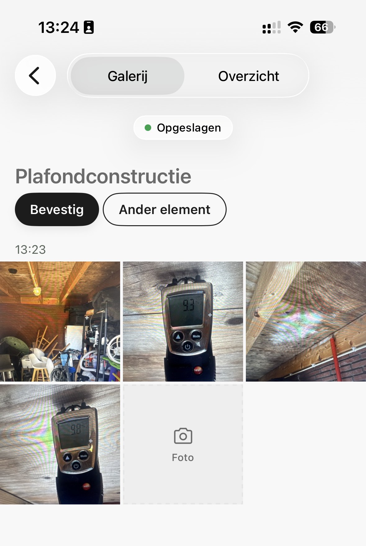 A proposed element with the buttons Bevestig and Ander element above the photos taken
