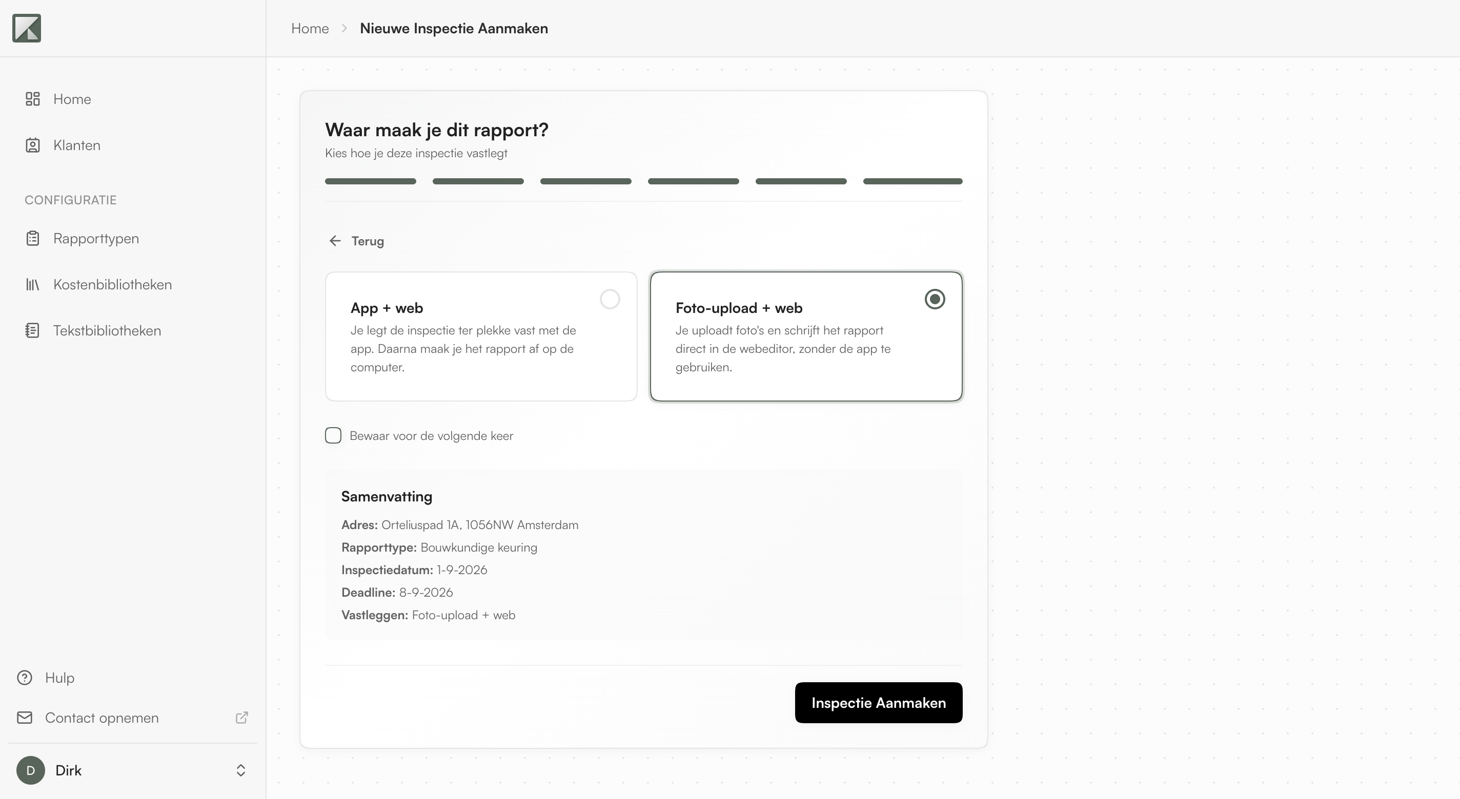 The last step of creating a project, with the choice between App + web and Foto-upload + web