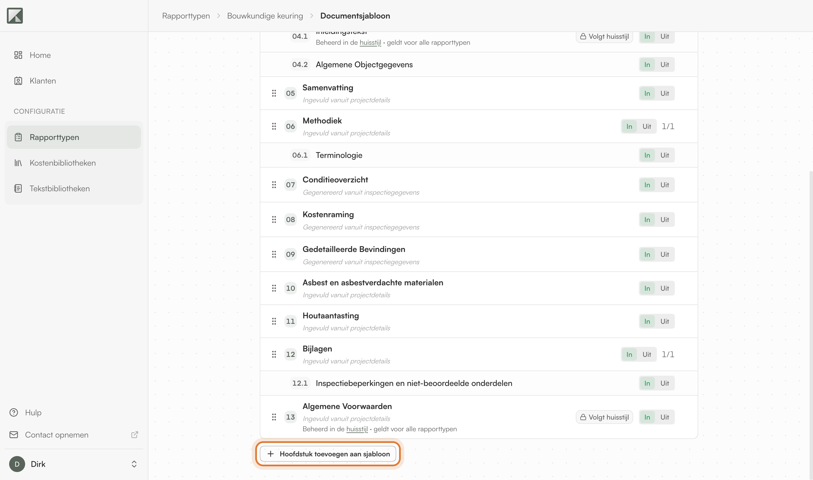 The Documentsjabloon tab of a report type with the chapter list